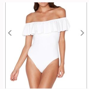 L*space white off the shoulder ruffle swimsuit